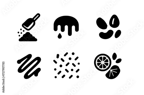 Pastry Toppings Icons. Solid, filled icon set of pastry toppings: powdered sugar, icing, glaze, nuts, chocolate drizzle, sprinkles, fruit slices, sesame seeds.