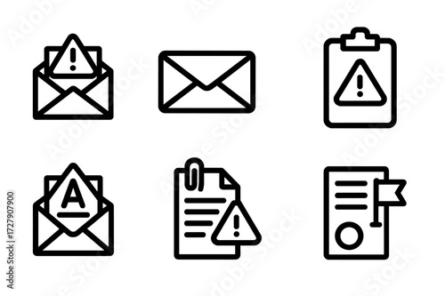 Disciplinary Notice Icons. Solid, filled icon set of disciplinary notice: letter with alert, sealed document, flagged envelope, clipboard with warning, open