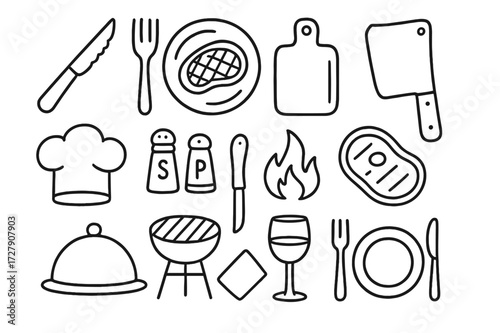 Steak Dinner Icons. Hand-drawn doodle illustration steak knife steak knife, fork, steak on plate, cutting board, meat cleaver, salt shaker, pepper grinder,