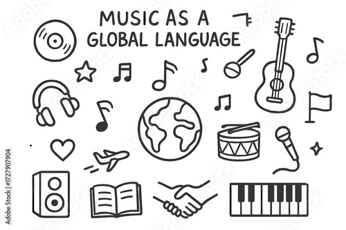 Global Music Symbols. Hand-drawn doodle illustration Music as a global language [globe, note, guitar, drum, microphone, headphones, piano keys, record, heart,