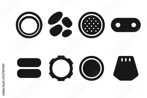 Drum Mute Icon Set. Solid, filled icon set of drum muting tools: drum rings, gel mute pads, mesh drumheads, felt dampeners, foam inserts, rubber gaskets,