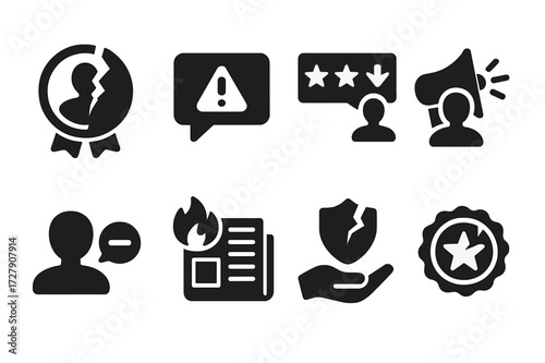 Reputational Risk Icons. Solid, filled icon set of reputational risk: broken reputation, social media alert, negative review, public scandal,