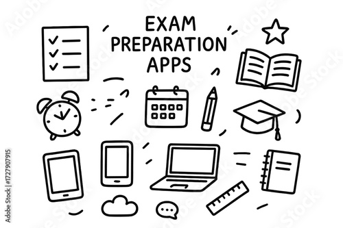 Exam Prep Doodles. Hand-drawn doodle illustration Exam preparation apps checklist, book, clock, calendar, pencil, tablet, smartphone, laptop, graduation cap,