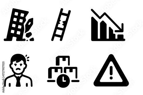 Expansion Failure Icons. Solid, filled icon set of expansion failure: collapsed building, broken ladder, crossed arrows, falling graph, frustrated employee,