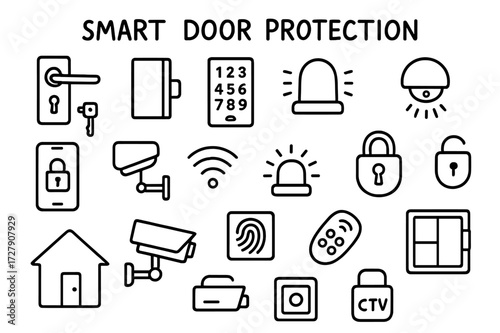 Smart Home Security Icons. Hand-drawn doodle illustration Smart door protection Smart lock, door sensor, keypad, alarm bell, motion sensor, smartphone,