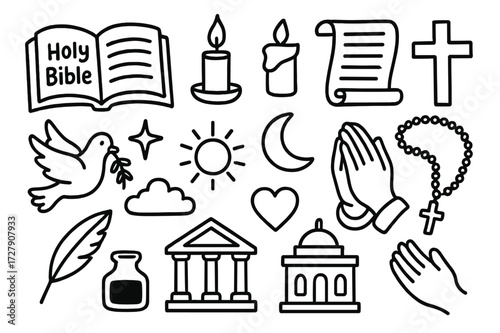 Spiritual Symbols Doodle. Hand-drawn doodle illustration Holy scriptures open book, scroll, candle, cross, rosary beads, dove, star, moon, sun, feather quill,