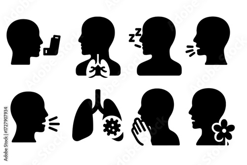 Breath Health Icons. Solid, filled icon set of breath related health: asthma, COPD, apnea, hyperventilation, bronchitis, respiratory infection, cough, allergy.