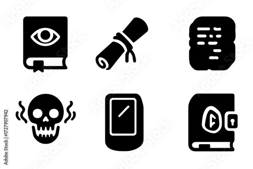 Forbidden Knowledge Icons. Solid, filled icon set of forbidden knowledge artifacts: cursed book, sealed scroll, chained grimoire, ancient tablet, whispering