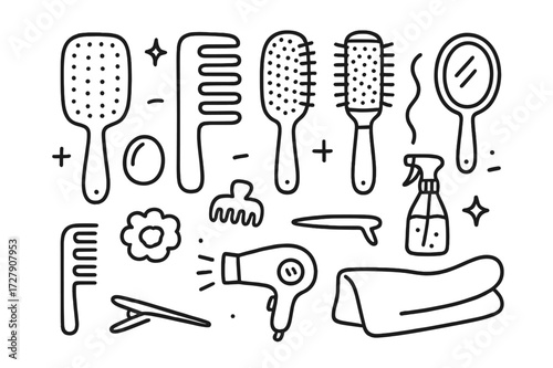 Hair Tools Doodle. Hand-drawn doodle illustration [Hairbrush and comb set] [paddle brush, wide-tooth comb, round brush, detangling brush, fine-tooth comb,