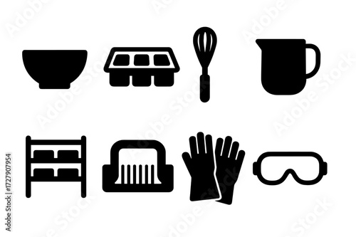 Soap Making Icons. Solid, filled icon set of soap production tools: mixing bowl, soap mold, whisk, pouring jug, curing rack, soap cutter, gloves, safety