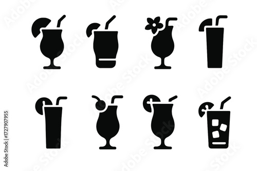 Tropical Cocktail Icons. Solid, filled icon set of tropical cocktails: pina colada, mai tai, blue hawaii, zombie, tequila sunrise, bahama mama, hurricane, cuba