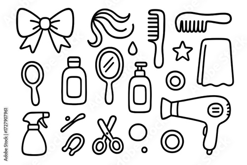 Children's Hair Accessories Doodle. Hand-drawn doodle illustration Children tangled hair bow, hair strands, comb, brush, mirror, towel, shampoo bottle,
