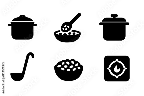 Pinto Bean Cooking Tools. Solid, filled icon set of pinto bean cooking tools: cooking pot, spoon stirring beans, pressure cooker, measuring cup, ladle, bowl of