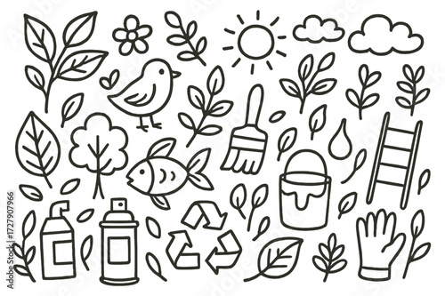 Doodle Environmental Mural. Hand-drawn doodle illustration Environmental mural wall surface, leaves, flowers, birds, fish, trees, brushes, spray can, paint