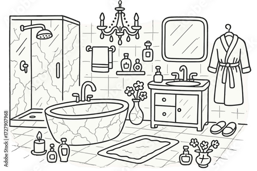 Luxurious Bathroom Doodle. Hand-drawn doodle illustration Luxury bathroom with marble decor bathtub, shower, sink, mirror, towel rack, chandelier, soap