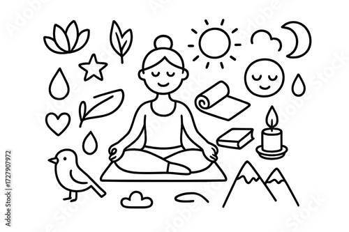 Yoga Doodle Icons. Hand-drawn doodle illustration yoga and mindfulness meditation pose, yoga mat, lotus flower, star, leaf, sun, moon, cloud, calm face, water