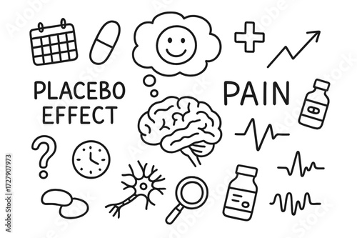 Placebo Effect Doodle Icons. Hand-drawn doodle illustration placebo effect in pain brain with pill, smiling face, thought bubble, medical cross, calendar,