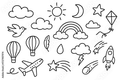 Sky Elements Doodle. Hand-drawn doodle illustration Sky with clouds cloud, sun, moon, star, rainbow, bird, airplane, kite, hot air balloon, feather, raindrop,