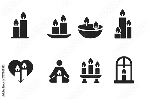 Candle Icon Set. Solid, filled icon set of candle arrangements: grouped candles, centerpiece candles, floating candles in bowl, tiered candles, romantic setup,