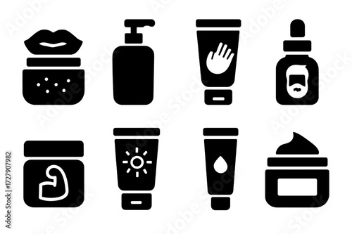Balm Product Icons. Solid, filled icon set of solid balm related products: lip scrub, body lotion, hand cream, beard oil, muscle balm, sunscreen, ointment,