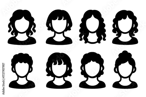 Ringlet Haircut Icons. Solid, filled icon set of ringlet haircuts: layered curls, bob with ringlets, long ringlets, shoulder-length ringlets, pixie with curls,