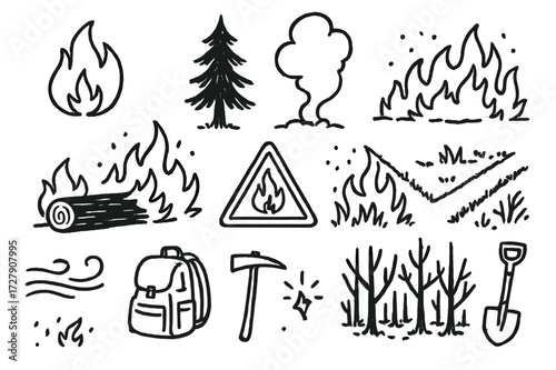 Forest Fire Doodle. Hand-drawn doodle illustration Forest Fires flame, pine tree, smoke plume, fireline, burned log, firebreak, falling ash, warning sign, wind