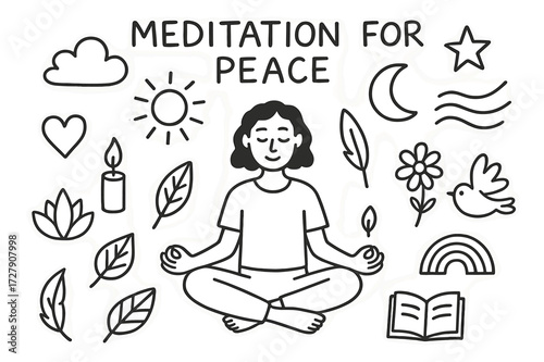 Meditation Doodle Icons. Hand-drawn doodle illustration Meditation for peace Meditation pose, lotus flower, candle, cloud, sun, leaf, feather, heart, star,