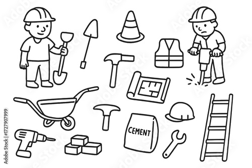 Construction Icon Doodles. Hand-drawn doodle illustration [road construction workers] [worker, helmet, shovel, safety cone, jackhammer, wheelbarrow, hammer,