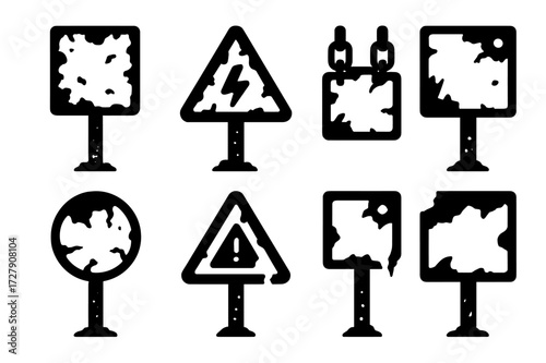 Neglected Sign Icons. Solid, filled icon set of neglected signs: rusty poles, peeling metal plates, hanging chains, broken fasteners, faded warnings, cracked