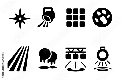 Dance Floor Lighting Icons. Solid, filled icon set of lighting effects on dance floor: strobe flash, moving beam, LED square, gobo projection, laser ray, color