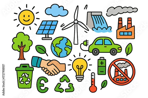 Sustainable Energy Icons. Sustainable energy. Colorful Hand-drawn doodle Children illustration Solar panel, wind turbine, water dam, electric car, recycling