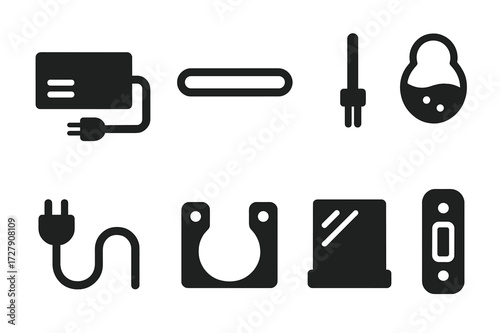 Neon Light Components Icons. Solid, filled icon set of neon light components: transformer, glass tube, electrode, gas fill, power cable, mounting bracket,