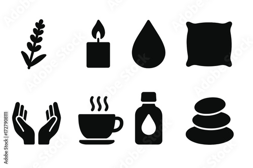Soothing Icon Set. Solid, filled icon set of soothing elements: lavender flower, candle flame, water drop, soft pillow, gentle hands, tea cup, essential oil