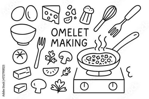 Omelet Making Essentials. Hand-drawn doodle illustration Omelet Making frying pan, eggs, cheese slice, chopped veggies, whisk, fork, bowl, salt shaker, pepper