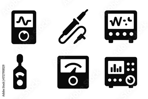 Waveform Measurement Icons. Solid, filled icon set of waveform measurement tools: voltmeter, oscilloscope probe, signal analyzer, frequency counter, sound