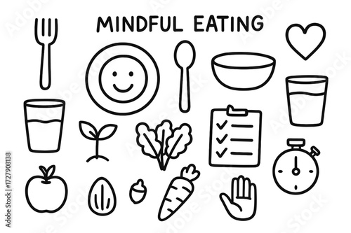 Mindful Eating Doodles. Hand-drawn doodle illustration mindful eating plate, fork, spoon, bowl, heart, water glass, smiling face, sprout, leafy greens,