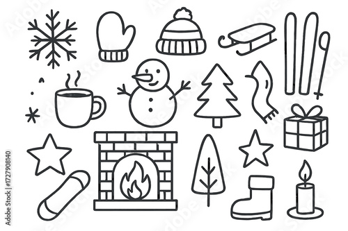 Winter Holiday Doodles. Hand-drawn doodle illustration winter holiday snowflake, mitten, wool hat, snowman, sled, ski, snowboard, hot cocoa cup, fireplace,