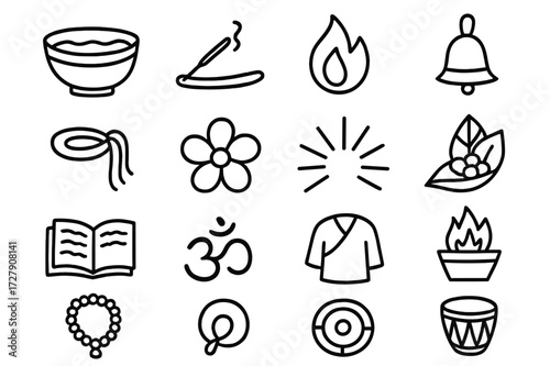 Sacred Ritual Symbols. Hand-drawn doodle illustration sacred rituals water bowl, incense stick, flame, bell, holy thread, flower, prayer beads, light rays,