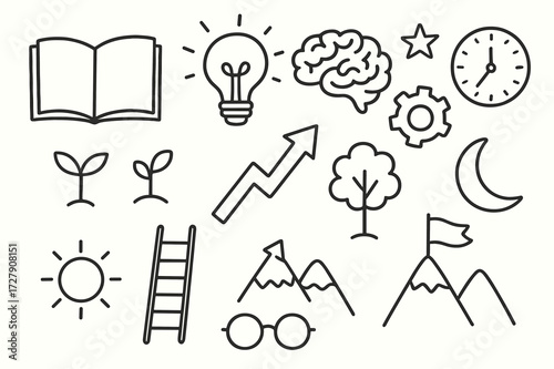 Intellectual Growth Icons. Hand-drawn doodle illustration [Workplace inclusion] [diverse employees, handshake, office building, computer, speech bubble,