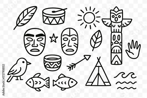 Indigenous Symbol Doodles. Hand-drawn doodle illustration Indigenous heritage feather, drum, totem pole, mask, sun, star, spiral, leaf, handprint, basket,
