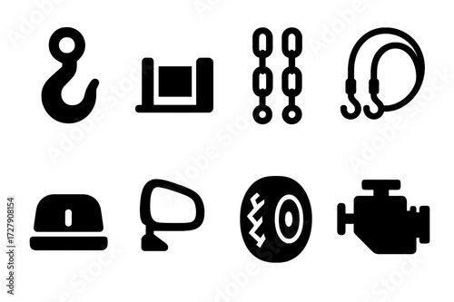 Vehicle Parts Icons. Solid, filled icon set of repo vehicles parts: hook, winch, chains, towing cables, lights, mirrors, tires, engine. [Line icons in only