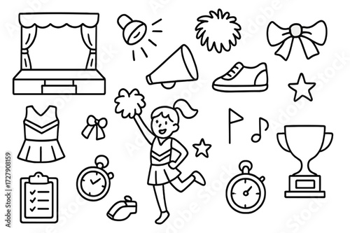 Cheerleading Prep Icons. Hand-drawn doodle illustration Cheerleading Competition Prep [stage, spotlight, pom-poms, megaphone, uniform, bow, sneakers, star,