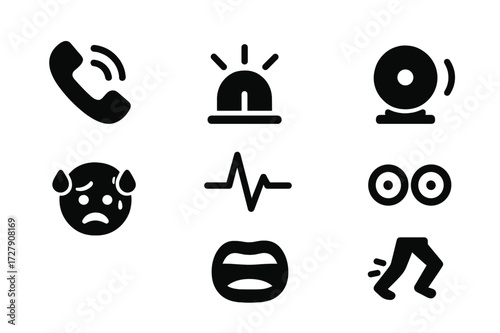 Panic Mode Icons. Solid, filled icon set of panic mode: emergency call, flashing siren, sweating face, alarm bell, heartbeat spike, wide eyes, shouting mouth,