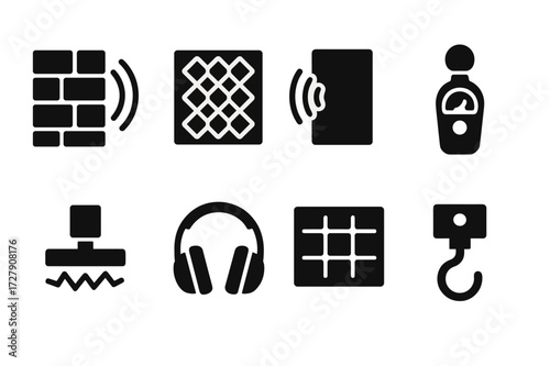 Acoustic Insulation Icons. Solid, filled icon set of acoustic insulation: soundproof wall, foam panel, noise barrier, decibel meter, vibration dampener, ear
