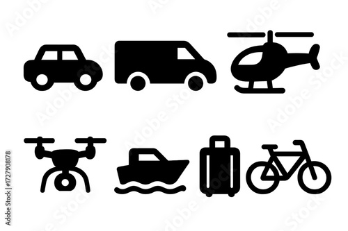 Agency Vehicles Icons. Solid, filled icon set of agency vehicles: car, van, motorcycle, helicopter, drone, boat, suitcase, bike. [Line icons in only black