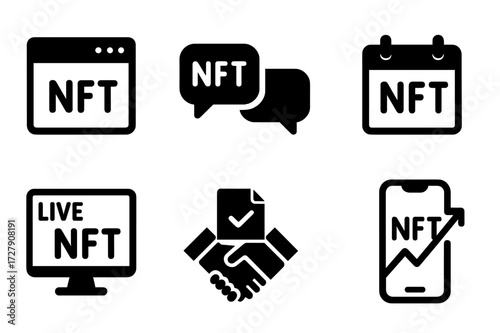 NFT Community Icons. Solid, filled icon set of NFT community: forum, chat bubble, group, event, live stream, voting ballot, collaboration, social media. Line