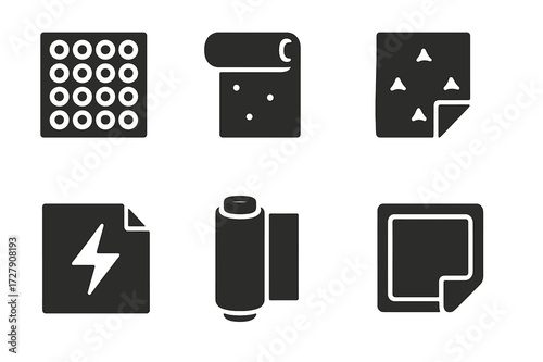 Protective Wrap Icons. Solid, filled icon set of protective wraps: bubble wrap, foam wrap, padded wrap, corrugated wrap, anti-static wrap, stretch film, corner