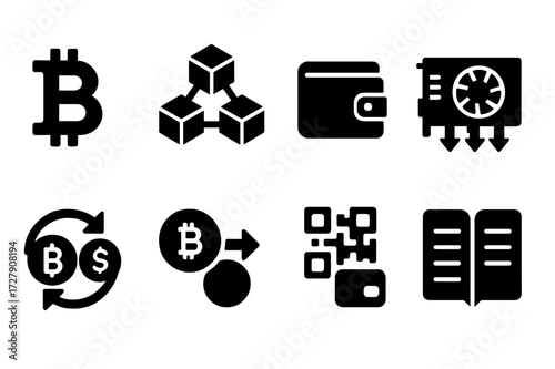 Cryptocurrency Icon Set. Solid, filled icon set of cryptocurrency transactions: bitcoin symbol, blockchain, digital wallet, mining rig, crypto exchange, token