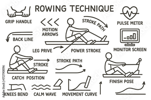 Rowing Technique Diagram. Hand-drawn doodle illustration Rowing Technique grip handle, back line, motion arrows, leg drive, stroke path, finish pose, catch