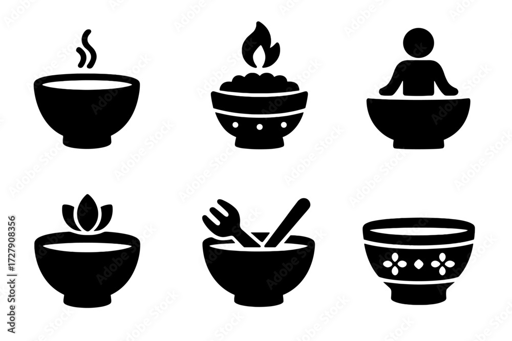 Fototapeta premium Cultural Bowls Icon Set. Solid, filled icon set of bowls in cultural contexts: tea bowl, rice bowl, ceremonial bowl, meditation bowl, offering bowl, cooking